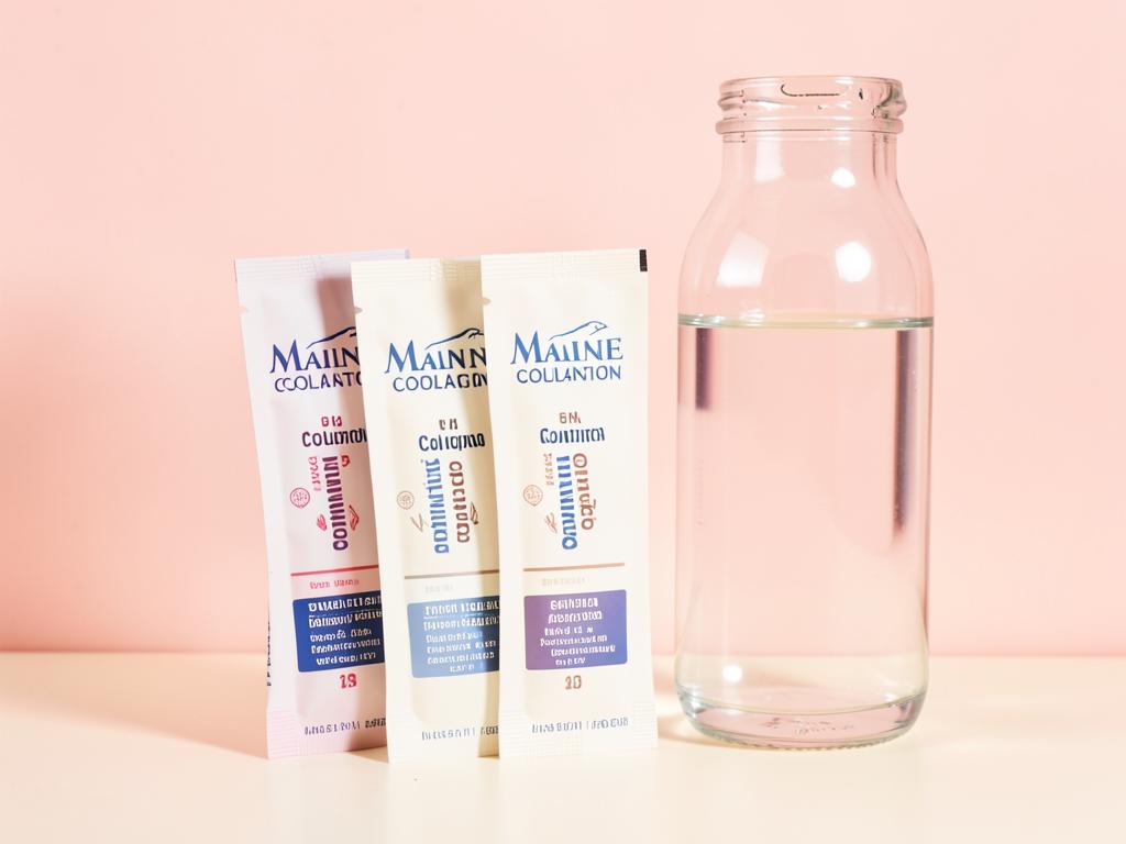 Glow Collagen stick packs beside a glass water bottle